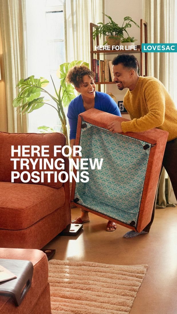 Lovesac static Meta ad: Any-room configuration promise